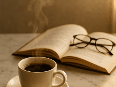 Una taza de café humeante junto a un libro abierto y gafas sobre una mesa de mármol al amanecer