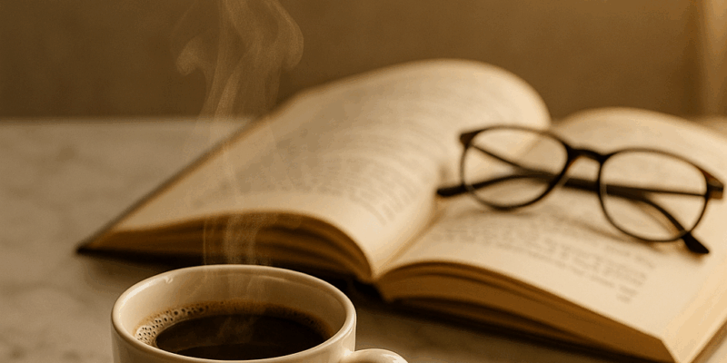 Una taza de café humeante junto a un libro abierto y gafas sobre una mesa de mármol al amanecer