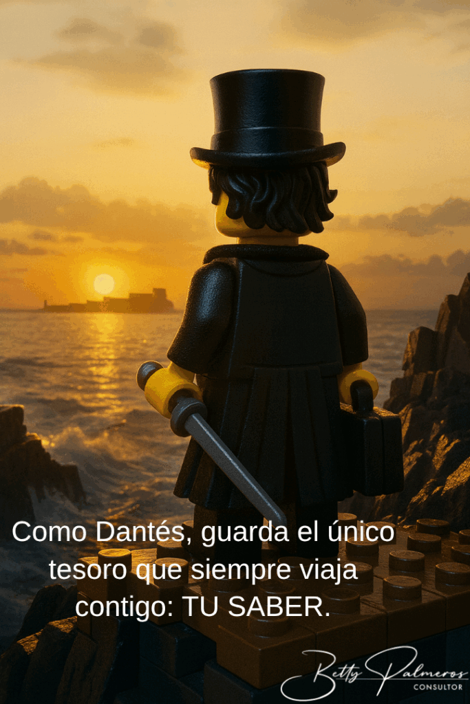 Ilustración de un personaje LEGO mirando el horizonte al atardecer, recordando que el conocimiento es el único tesoro que siempre viaja contigo.